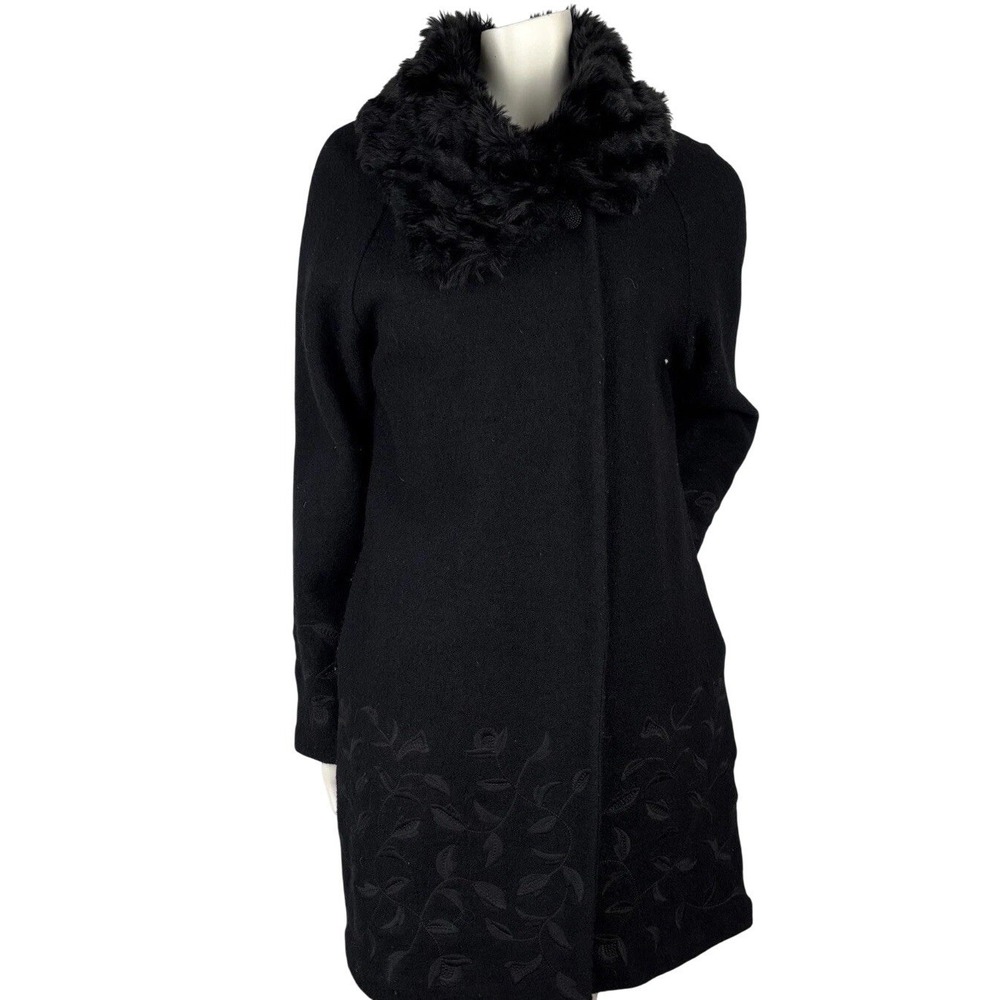 Cynthia‎ Rowley Black Wool Blend Coat M | Faux Fur Collar | Embroidered Hem Luxe